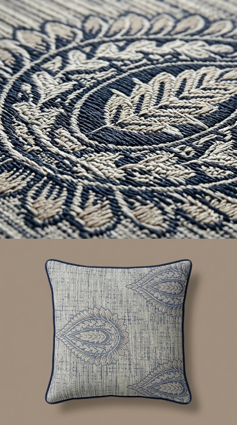 Paisley Embroidered Satin Fabric — Indigo & Taupe