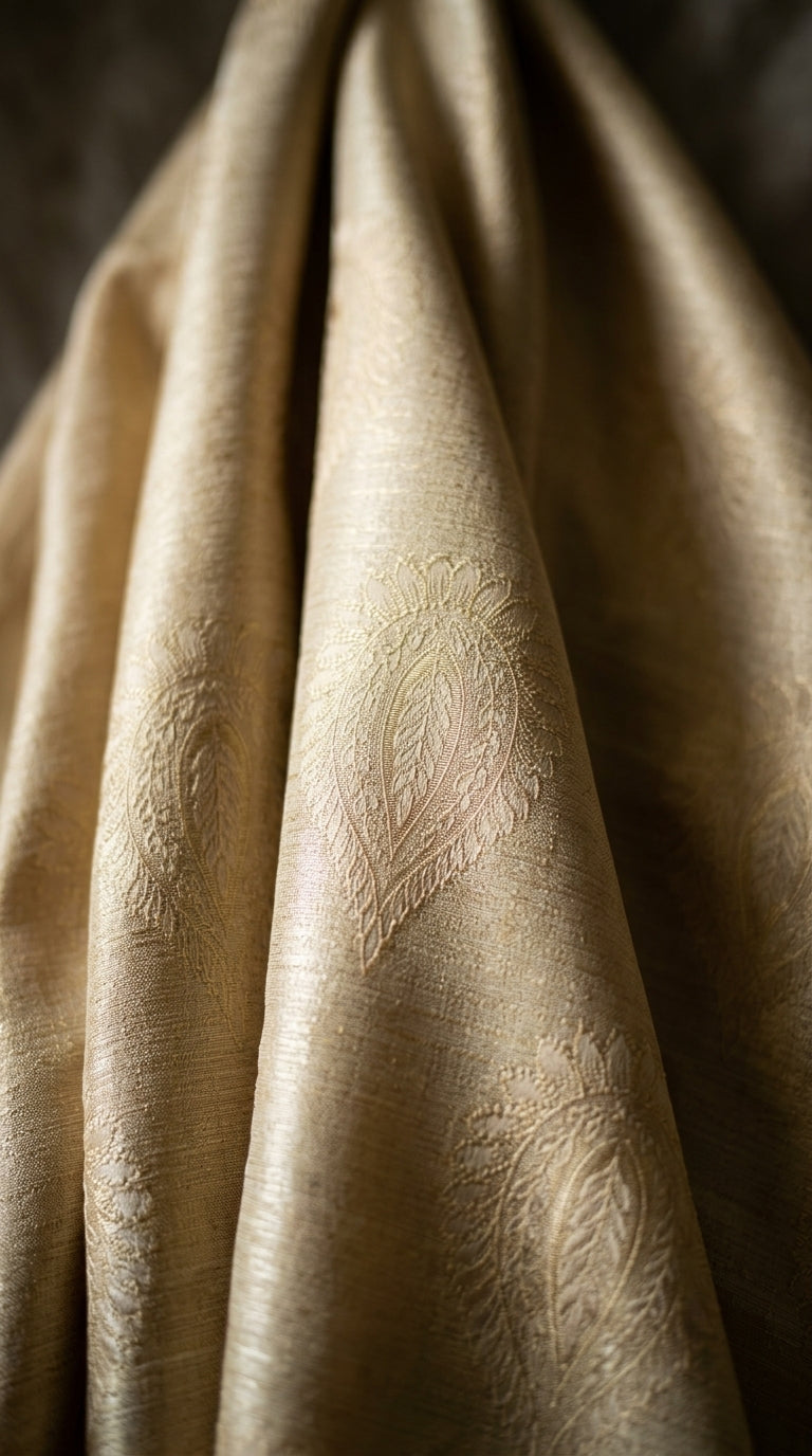 Embroidered Satin Fabric — Paisley Gold & Mauve