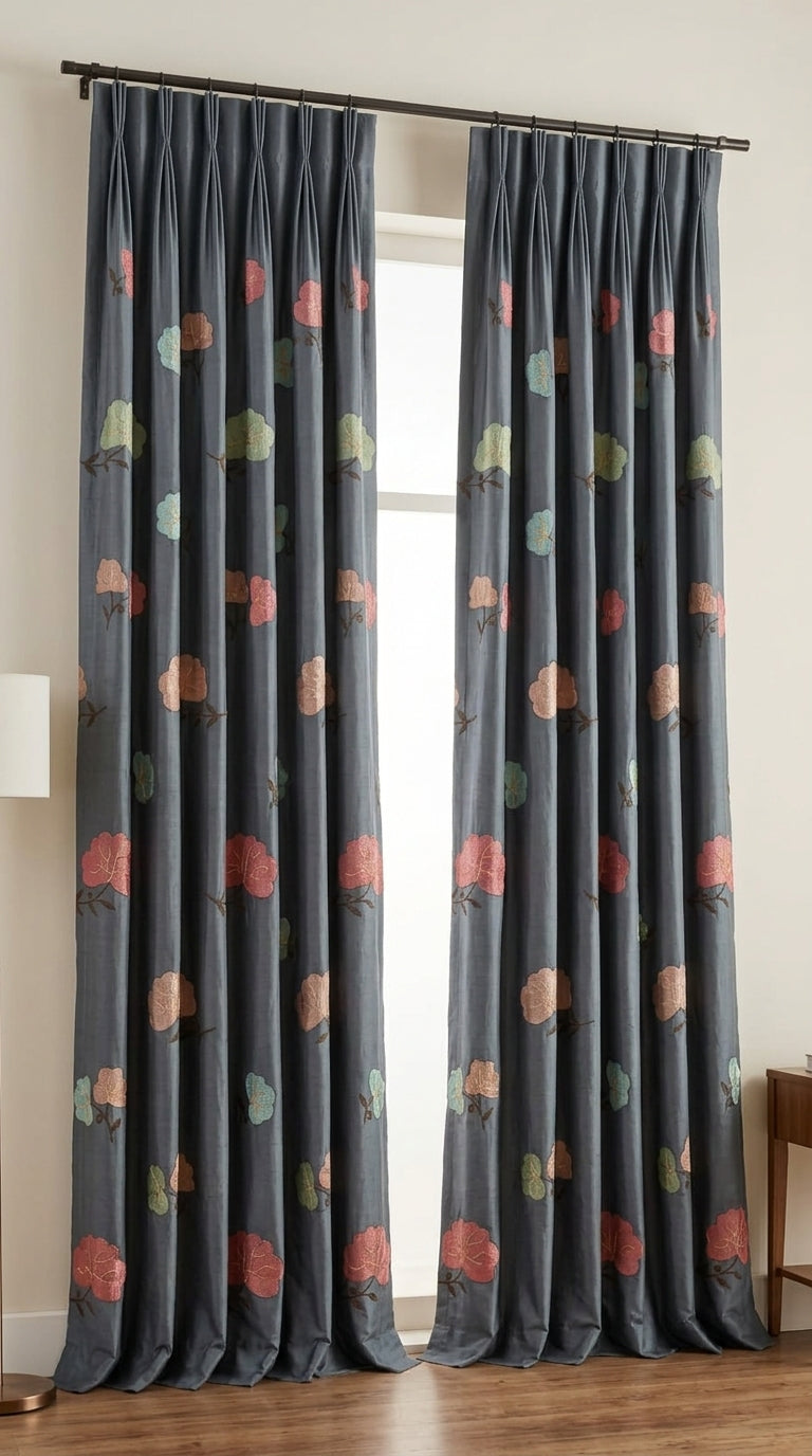 Dark Grey Floral Embroidered Fabric