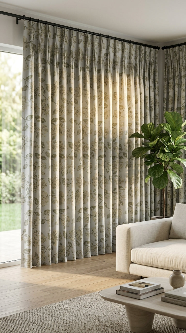 Ivory Satin Fabric with Olive Green Floral Jacquard