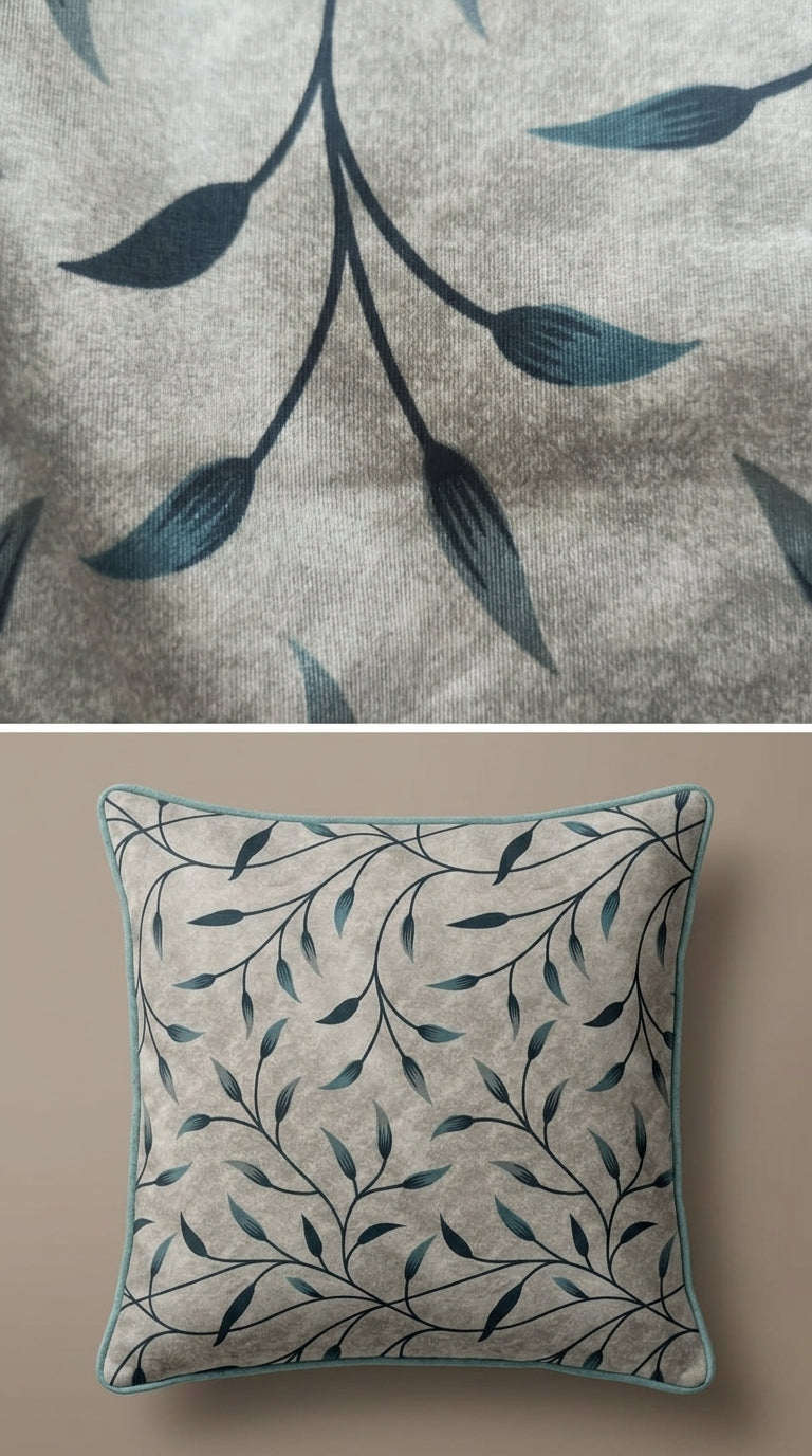 Trailing Leaf Silk Fabric — Silver & Teal