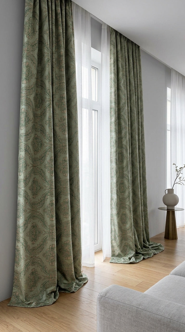 Sage Green Blush Damask Silk Fabric