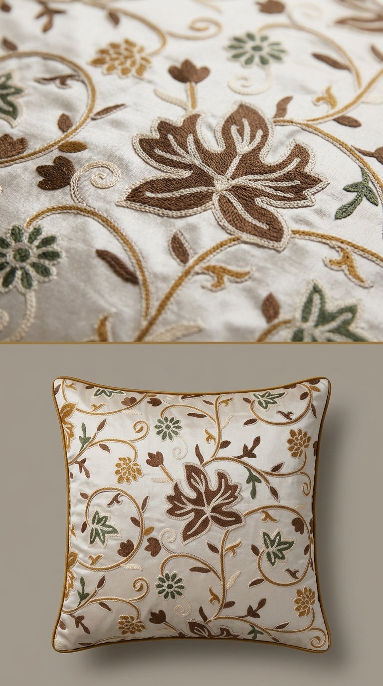 Ivory Silk Crewel Embroidery Fabric
