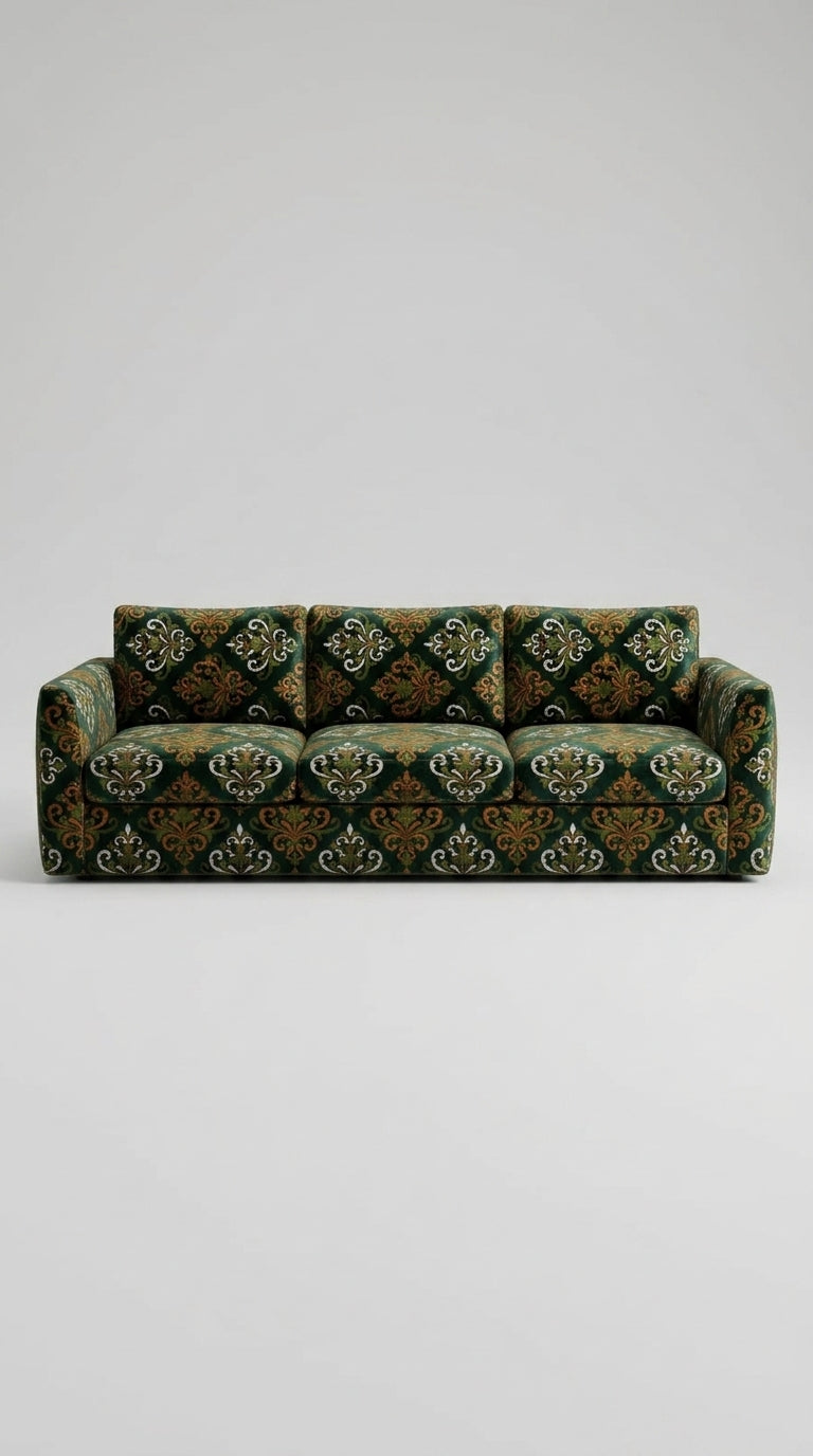 Dark Green Embroidered Damask Fabric