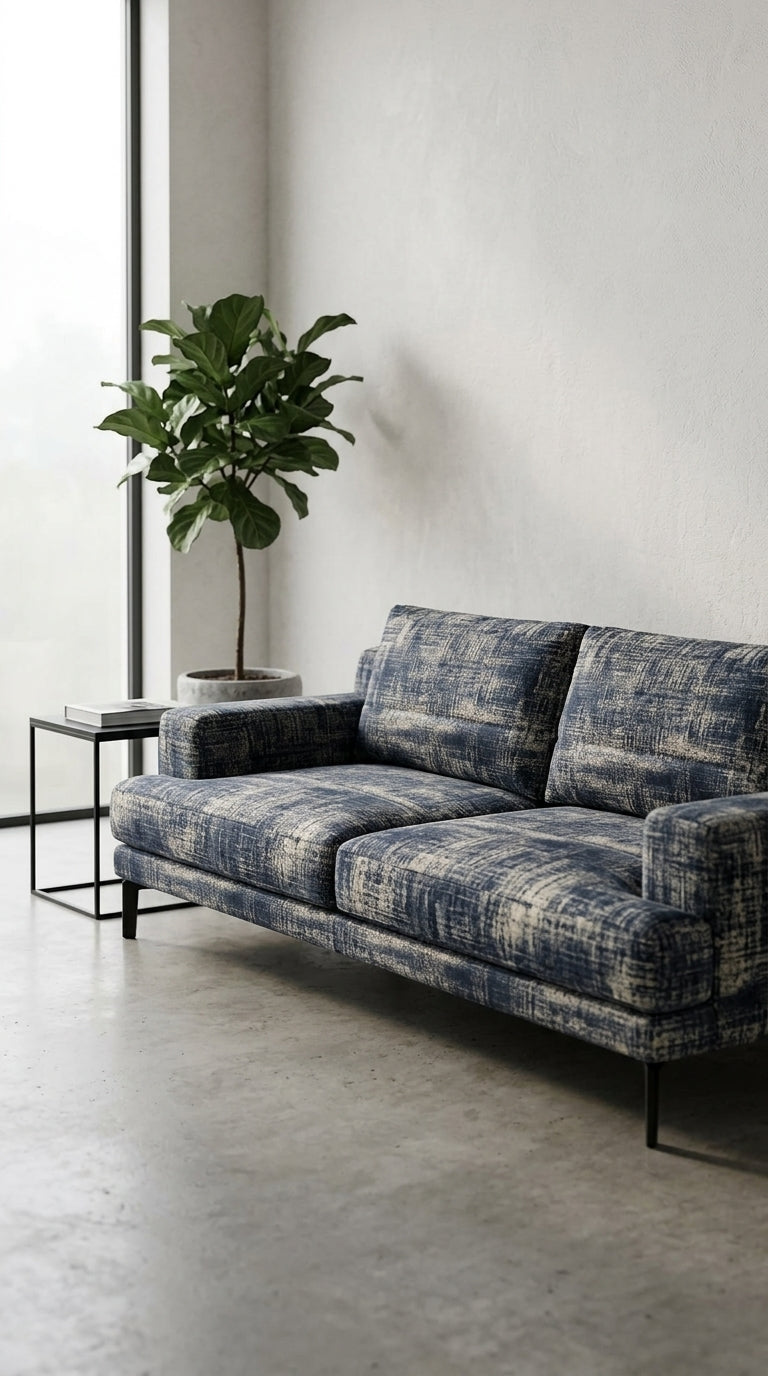 Abstract Distressed Jacquard Silk Fabric — Navy & Ivory Premium