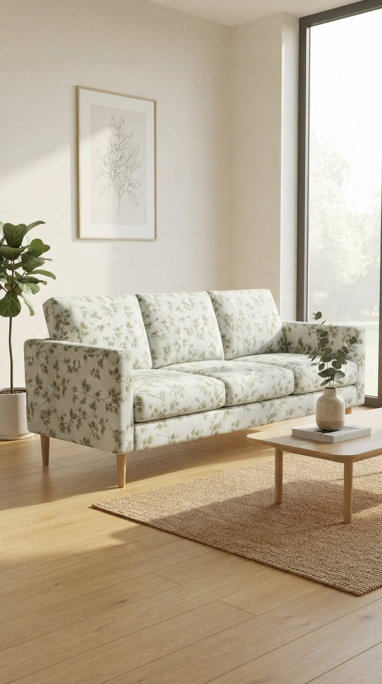 White Satin Fabric with Sage Green Floral Embroidery