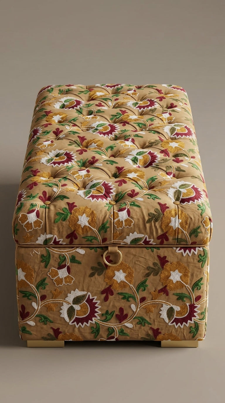 Beige Cotton Crewel Embroidery Fabric