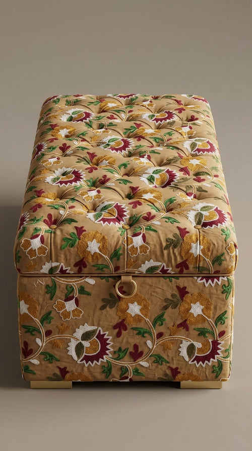 Beige Cotton Crewel Embroidery Fabric