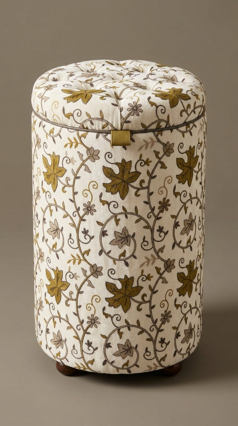 White Velvet Crewel Olive Floral Vine Fabric