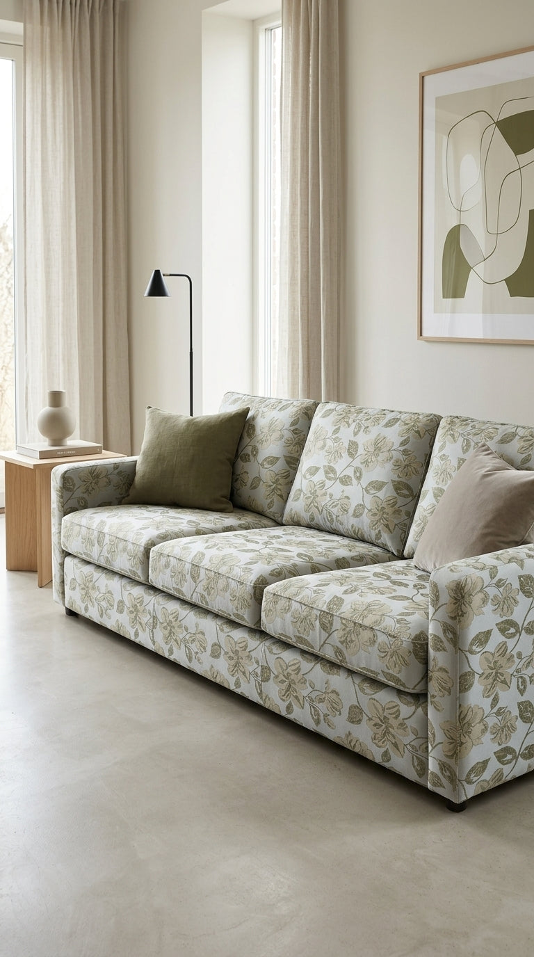 Ivory Satin Fabric with Olive Green Floral Jacquard