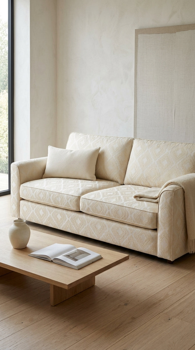 Ivory Satin Fabric with Champagne Tone-on-Tone Ikat Jacquard