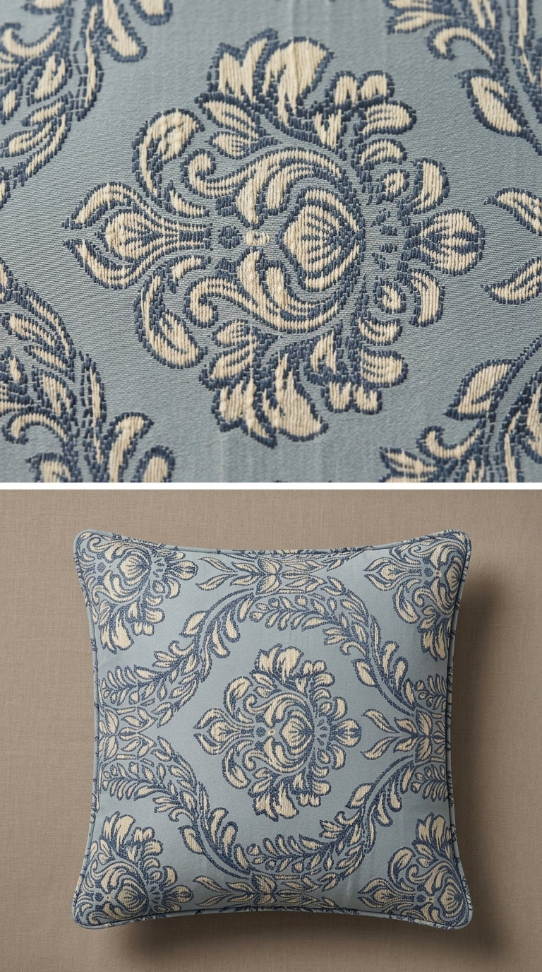 Damask Jacquard Silk Fabric — Powder Blue & Gold Premium