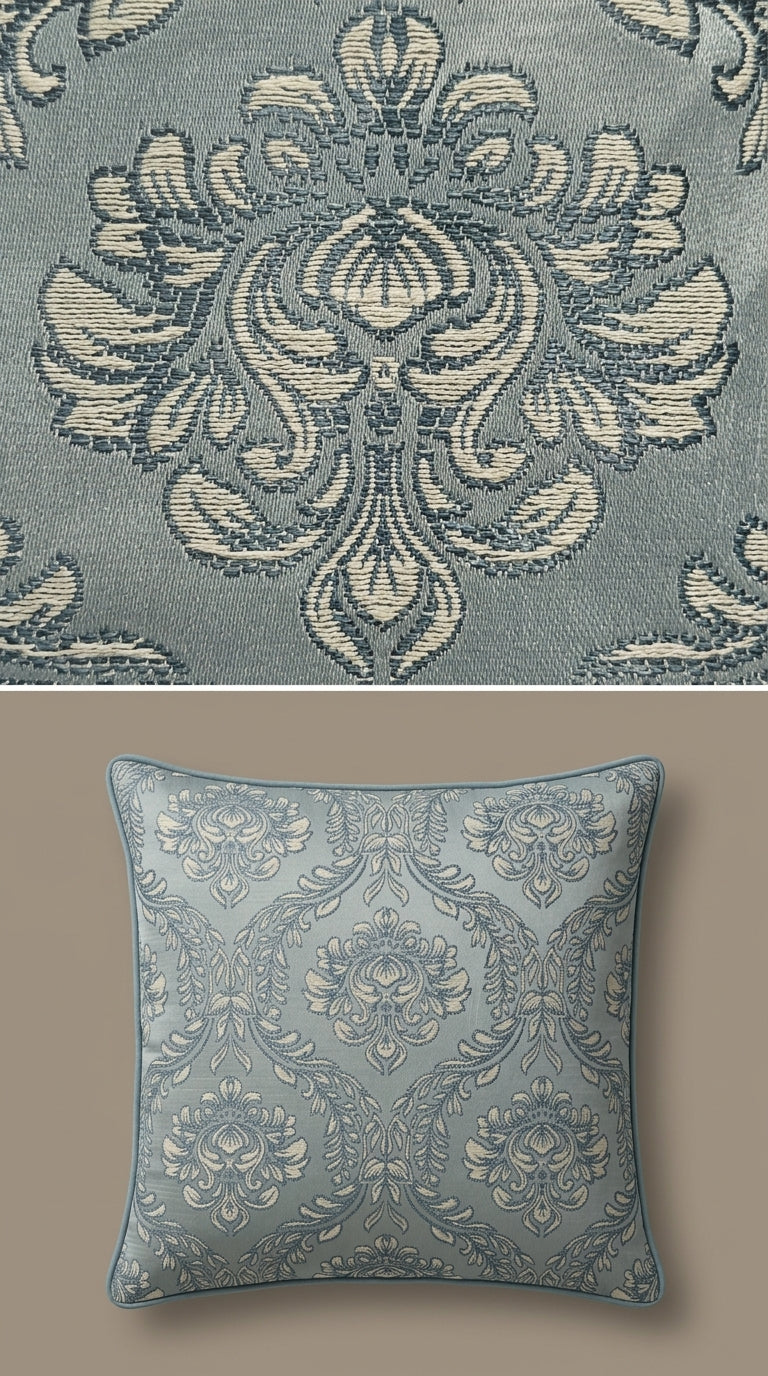 Powder Blue Ivory Damask Silk Fabric