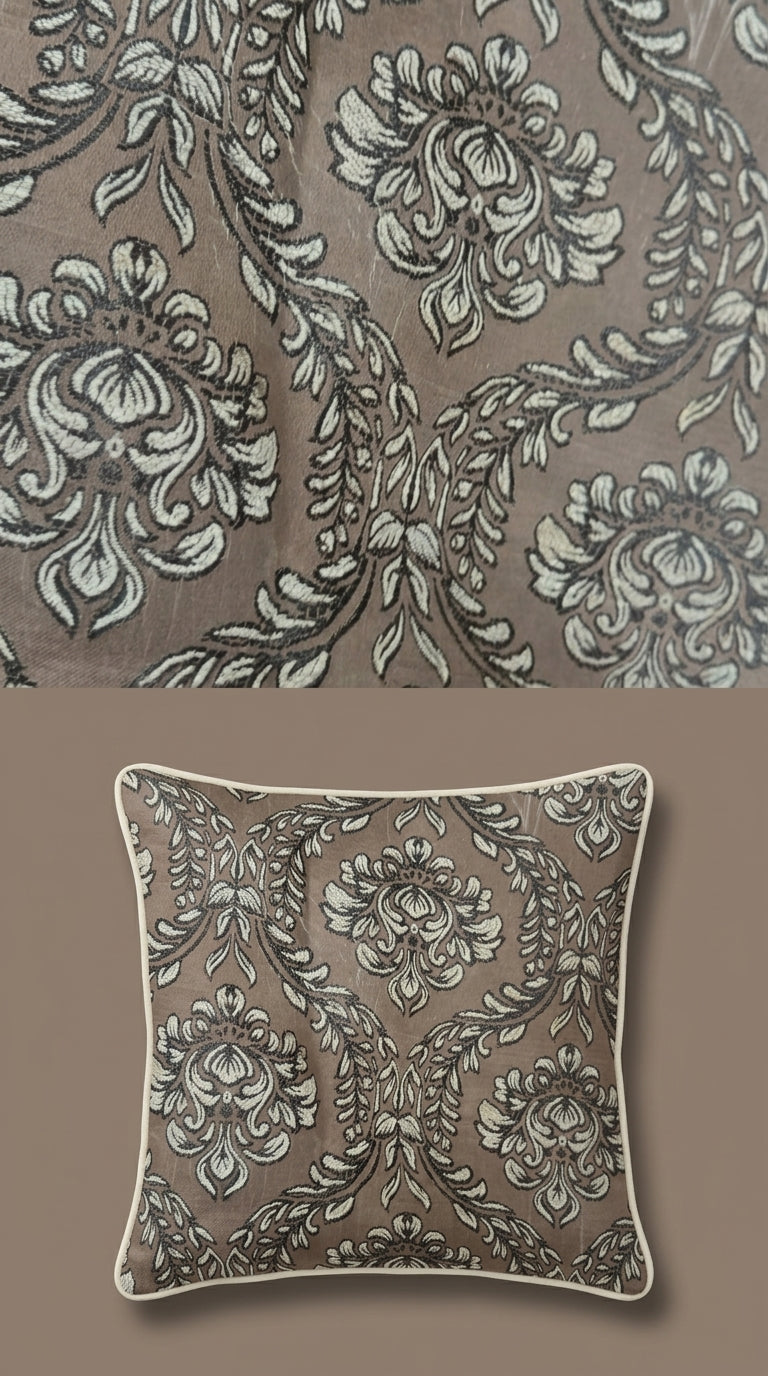 Damask Jacquard Silk Fabric — Taupe & Ivory Premium