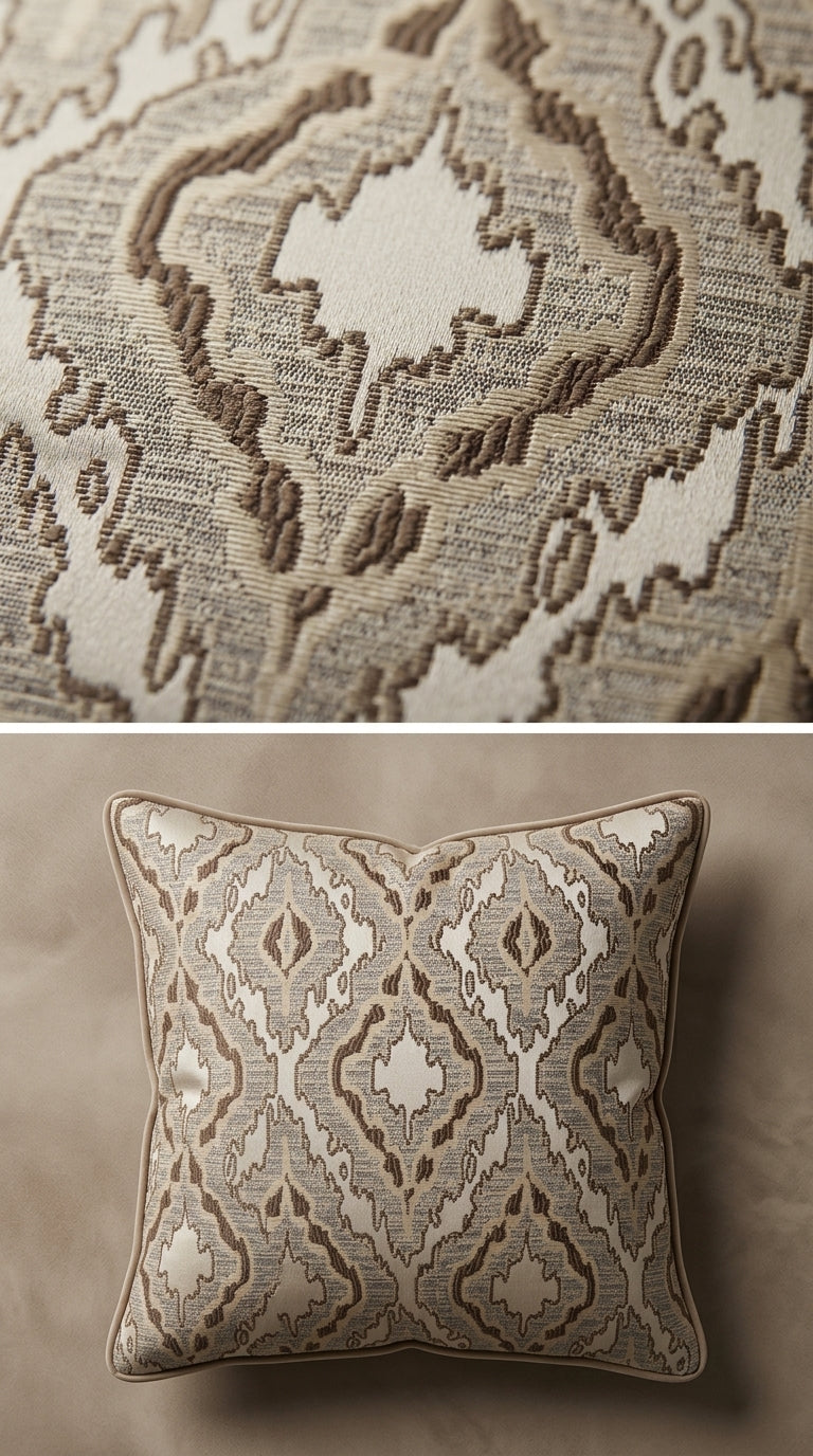 Ikat Diamond Jacquard Fabric — Ivory & Taupe Premium