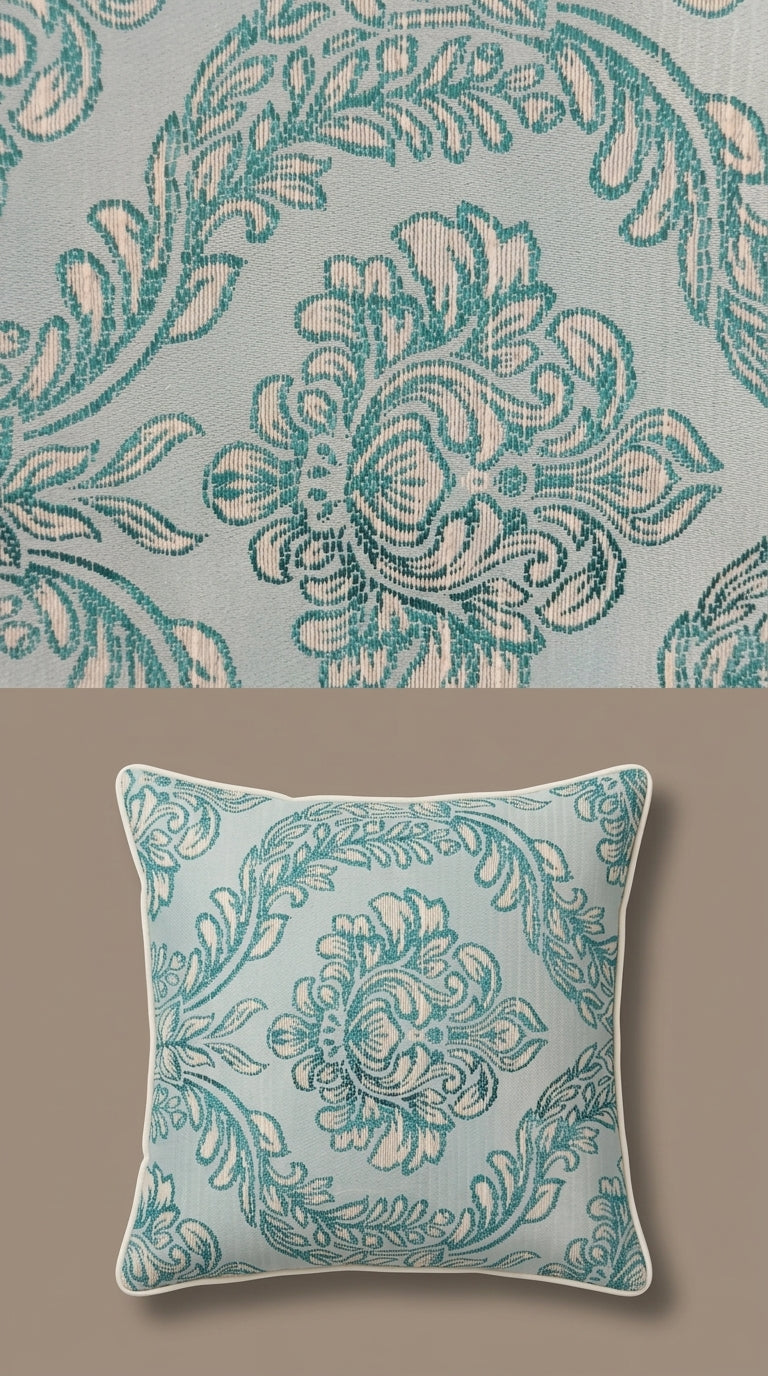 Teal Ivory Floral Damask Silk Fabric