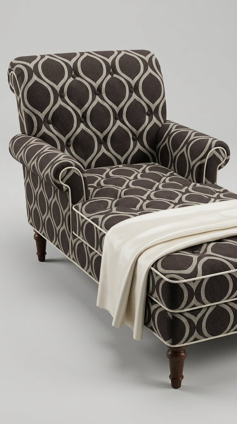 Dark Brown Satin Fabric with Ivory Ogee Wave Lattice Jacquard