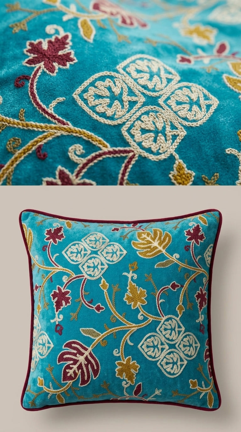 Teal Velvet Crewel Embroidery Fabric