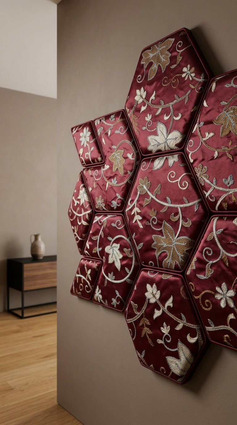 Maroon Silk Zardozi Star Floral Vine Fabric