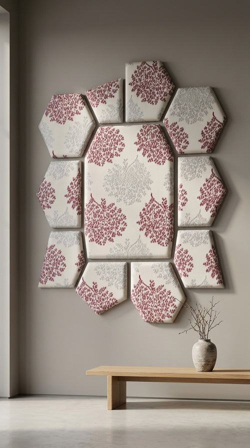 Hexagonal wall panels with floral pattern on a gray wall above a wooden bench.