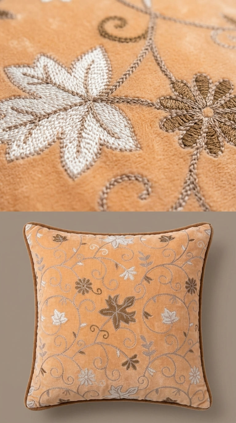 Peach Velvet Crewel Star Floral Embroidery Fabric