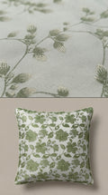 White Satin Fabric with Sage Green Floral Embroidery