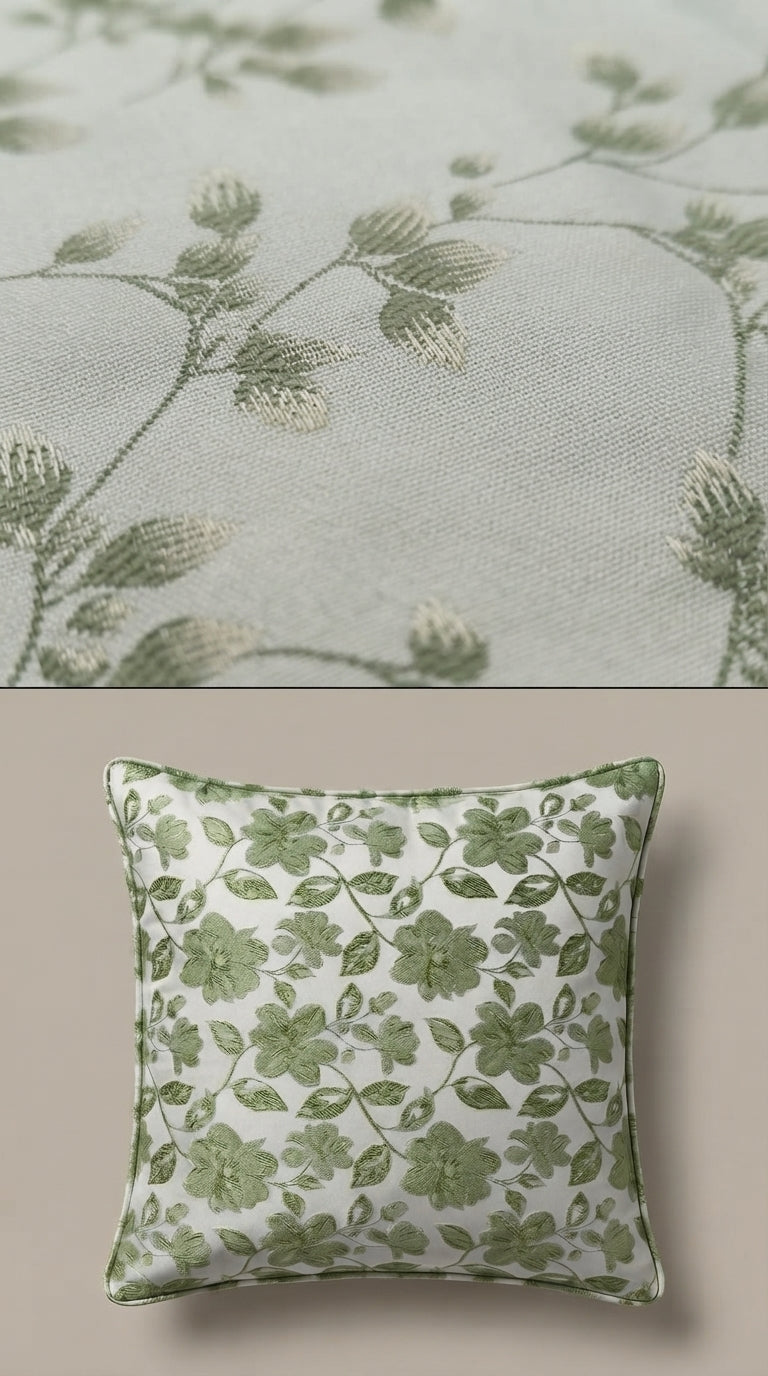 White Satin Fabric with Sage Green Floral Embroidery