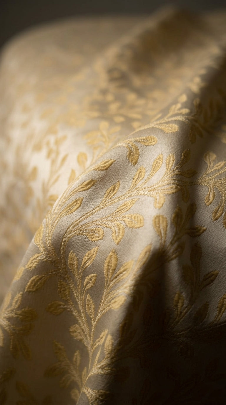Botanical Buti Silk Fabric — Ivory & Champagne Gold
