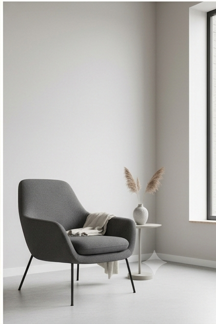 Gray armchair in a minimalistic room with a side table and decorative elements.