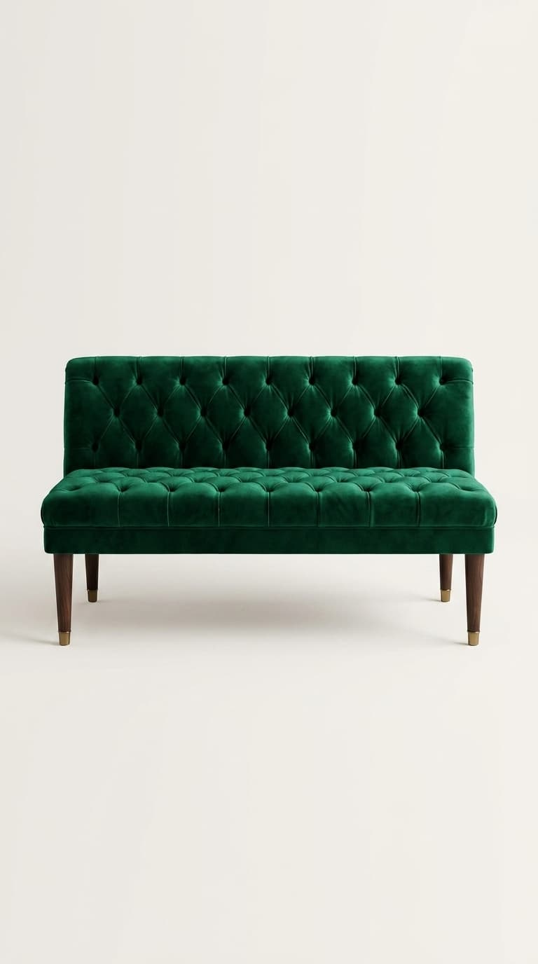 Elegant emerald green velvet tufted bench settee with clean lines and wooden legs from Karigari Fabrics.