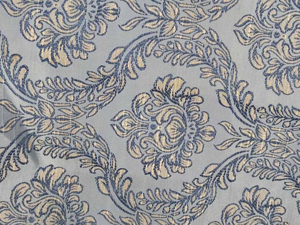 Damask Jacquard Silk Fabric — Powder Blue & Gold Premium