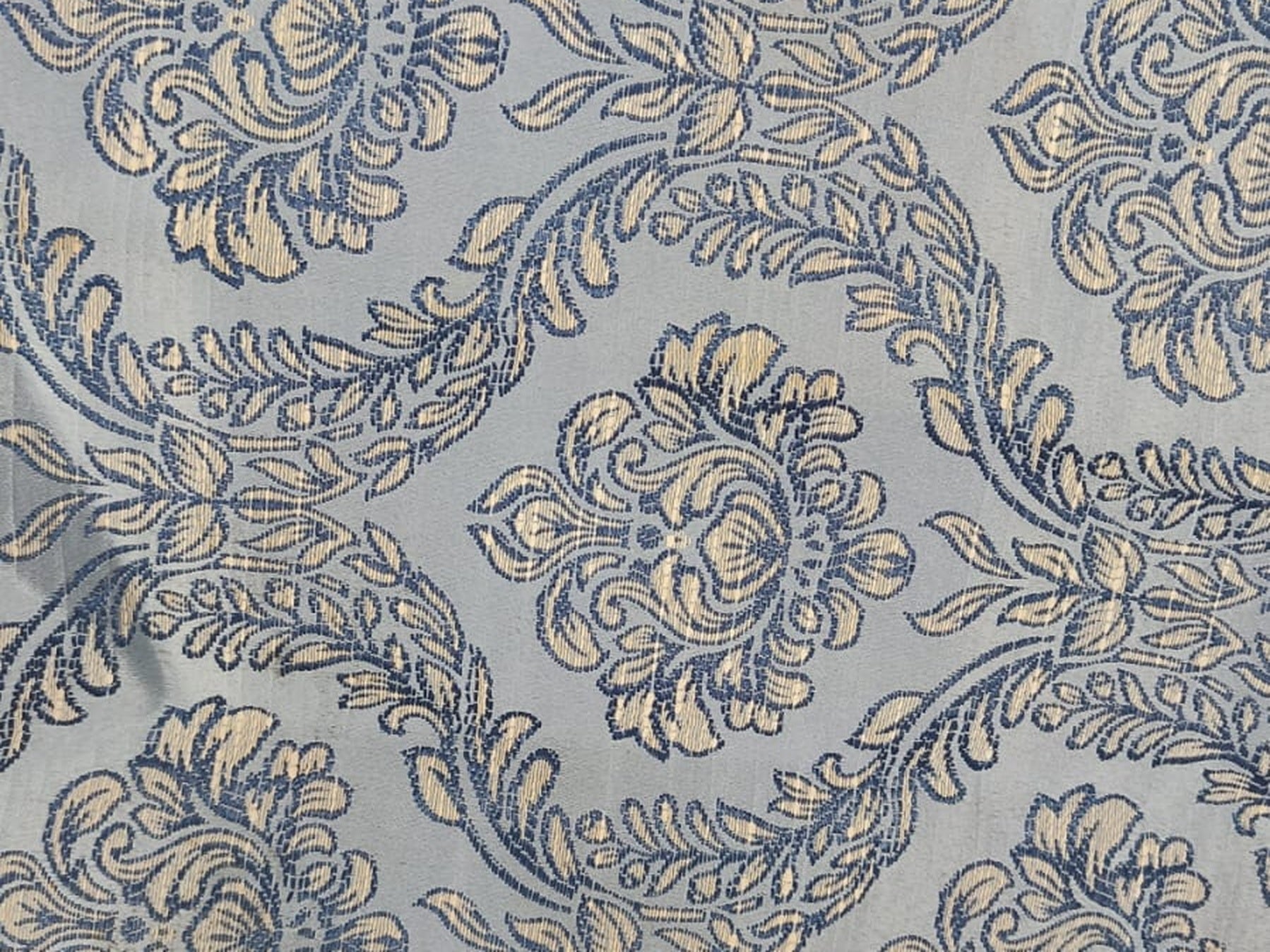 Damask Jacquard Silk Fabric — Powder Blue & Gold Premium