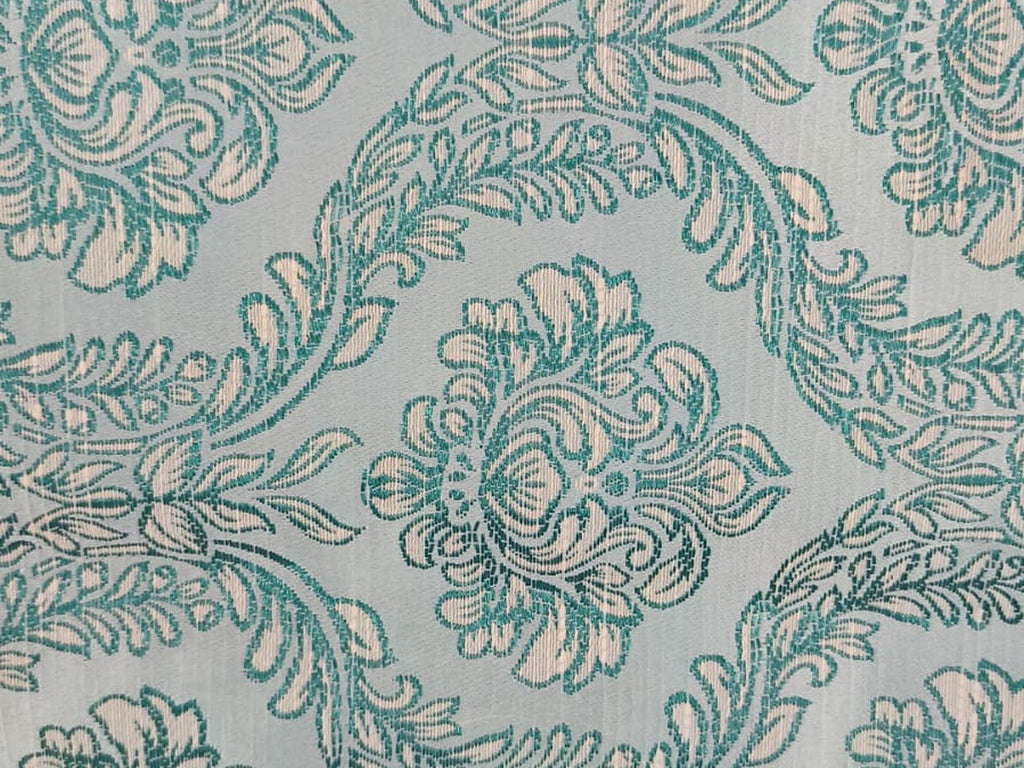 Teal Ivory Floral Damask Silk Fabric