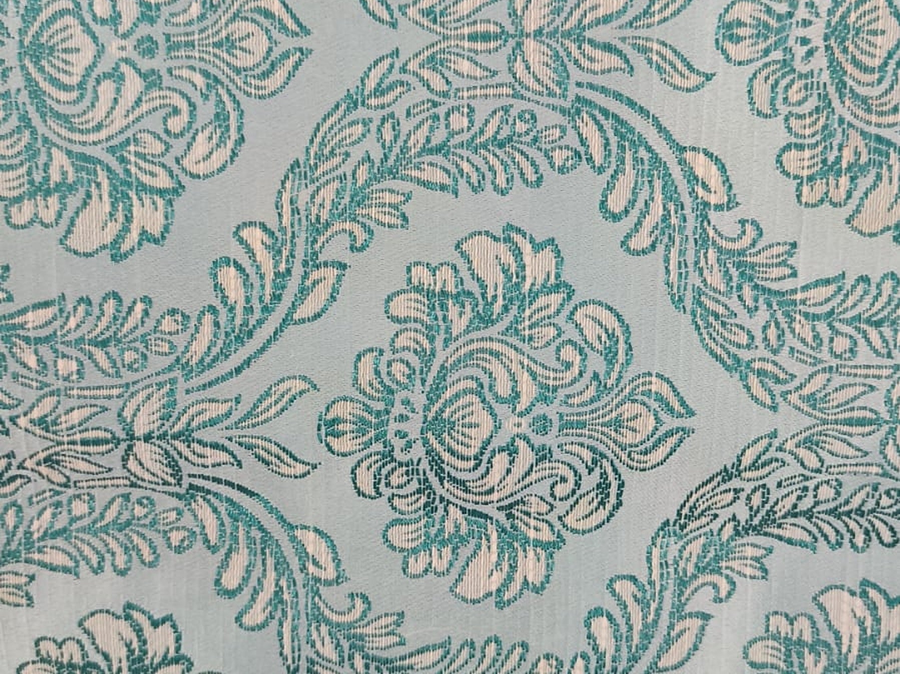 Teal Ivory Floral Damask Silk Fabric