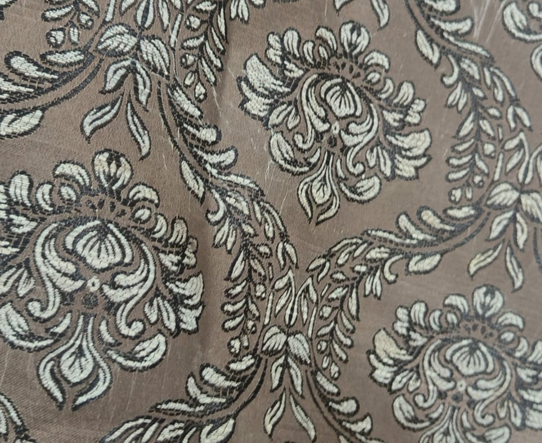 Damask Jacquard Silk Fabric — Taupe & Ivory Premium