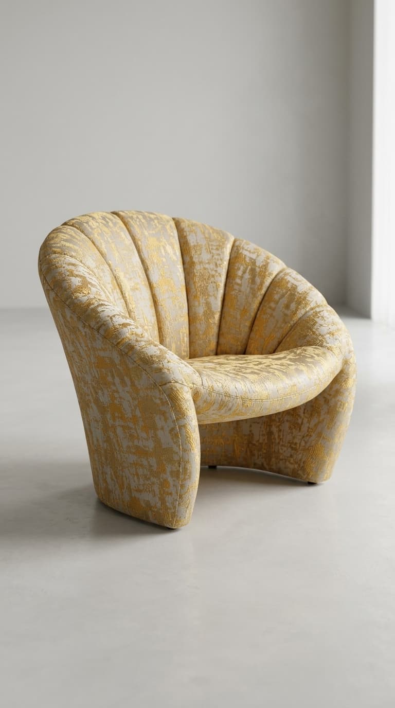 Cream upholstered rounded sofa styled with abstract jacquard fabric — luxury interior inspiration