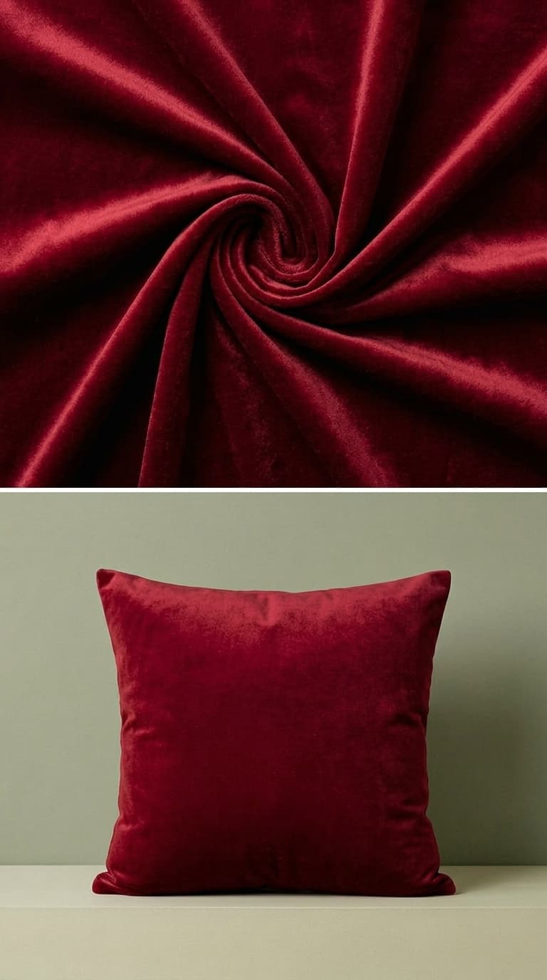 Close-up of red velvet fabric and a red pillow on a neutral background