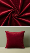 Close-up of red velvet fabric and a red pillow on a neutral background