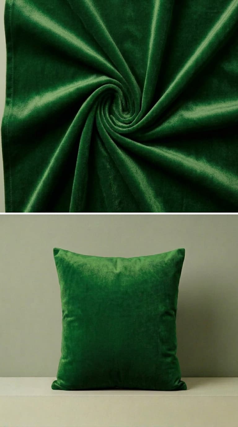 Green velvet fabric with a swirl pattern and a green pillow on a neutral background.