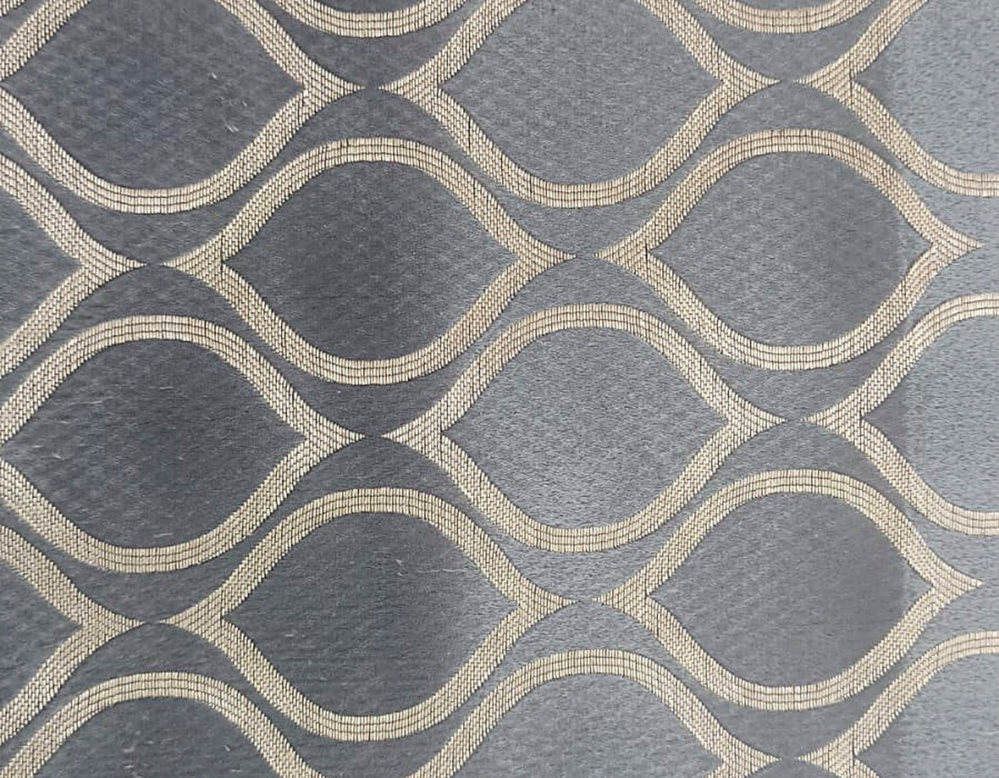 Grey Satin Fabric with Gold Ogee Lattice Jacquard