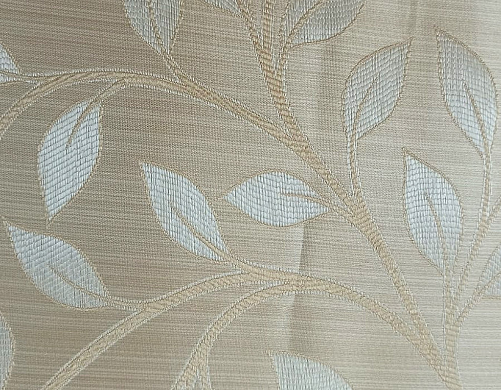 Beige Satin Fabric with Botanical Leaf Jacquard Weave