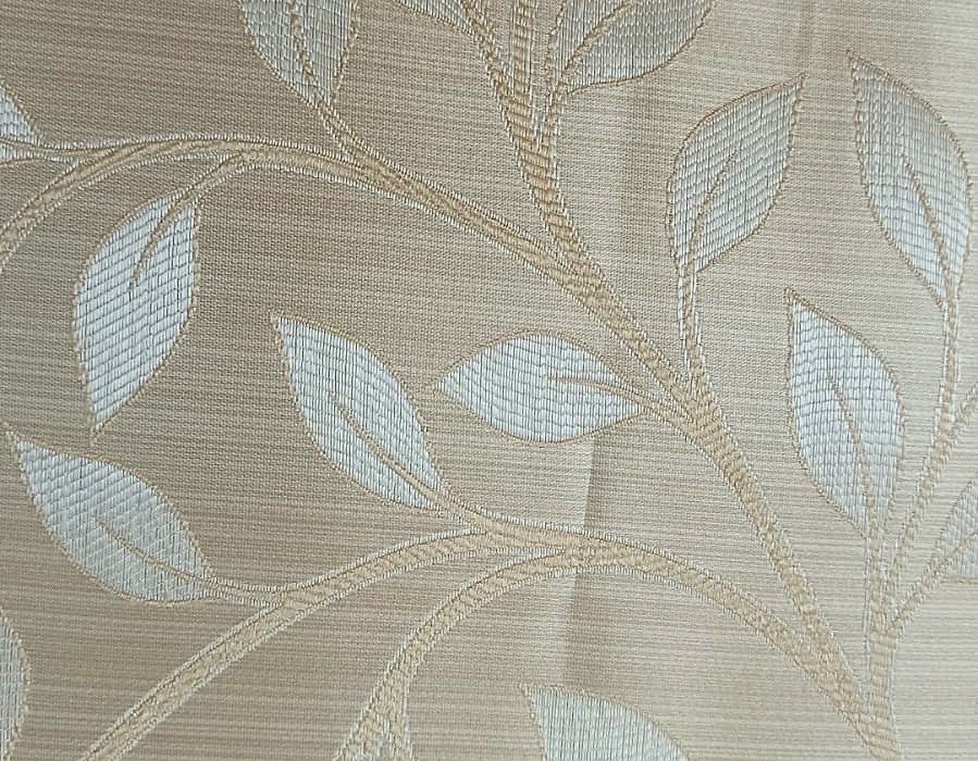 Beige Satin Fabric with Botanical Leaf Jacquard Weave