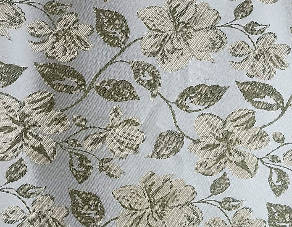Ivory Satin Fabric with Olive Green Floral Jacquard