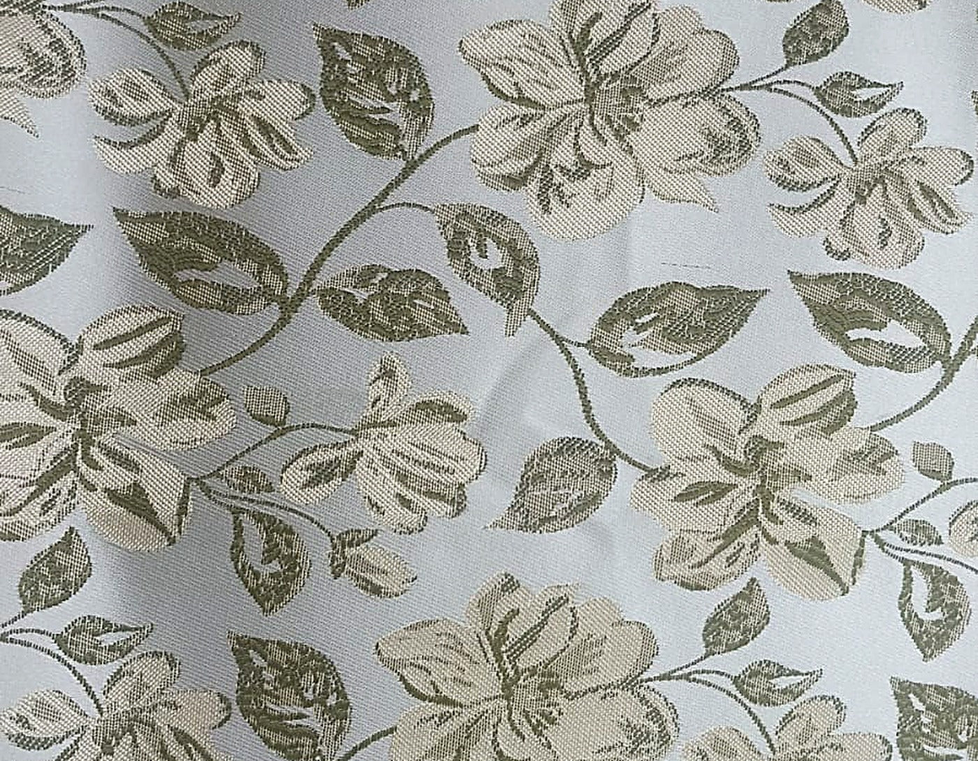 Ivory Satin Fabric with Olive Green Floral Jacquard