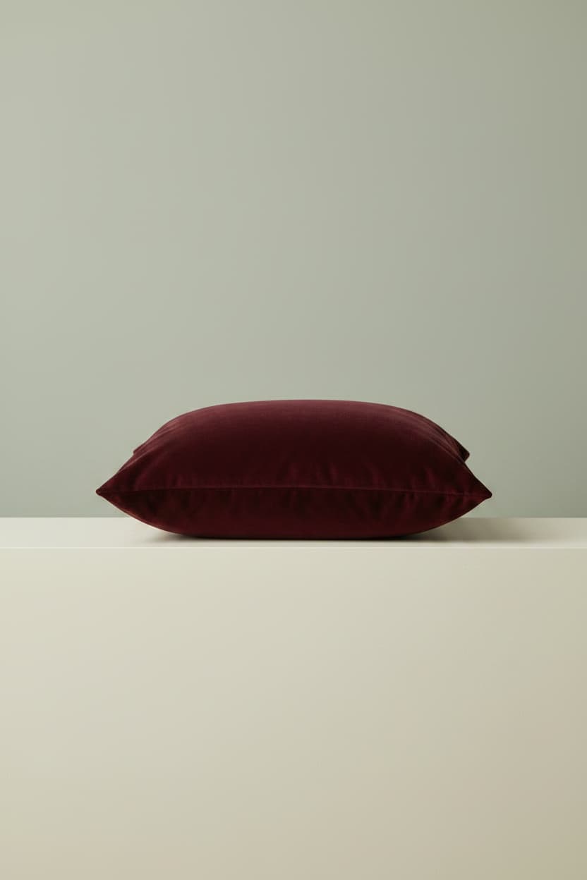 A plush rectangular lumbar cushion made from premium maroon velvet fabric on a neutral surface by Karigari Fabrics.