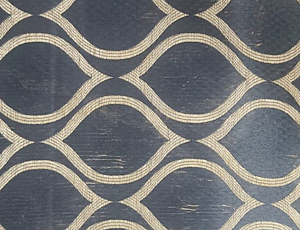 Navy Blue Satin Fabric with Gold Ogee Wave Lattice Jacquard