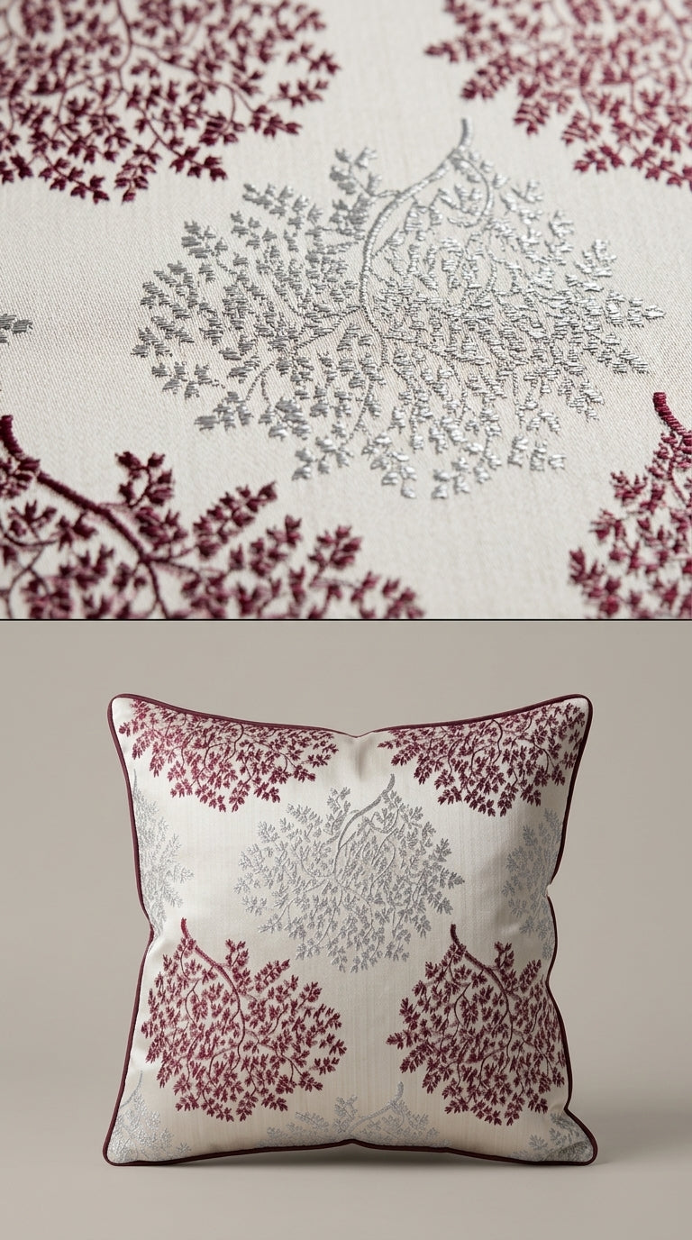 Close-up of pink and white geometric damask upholstery fabric texture shown next to a matching decorative throw cushion by Karigari Fabrics.