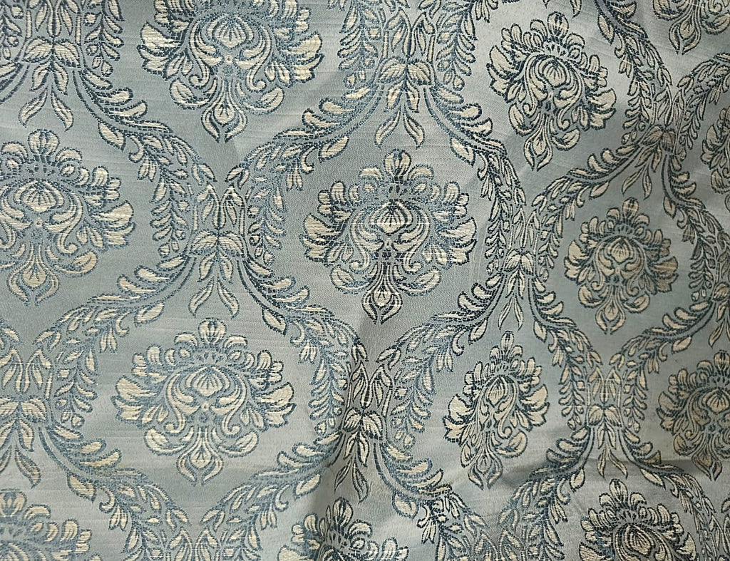 Powder Blue Ivory Damask Silk Fabric