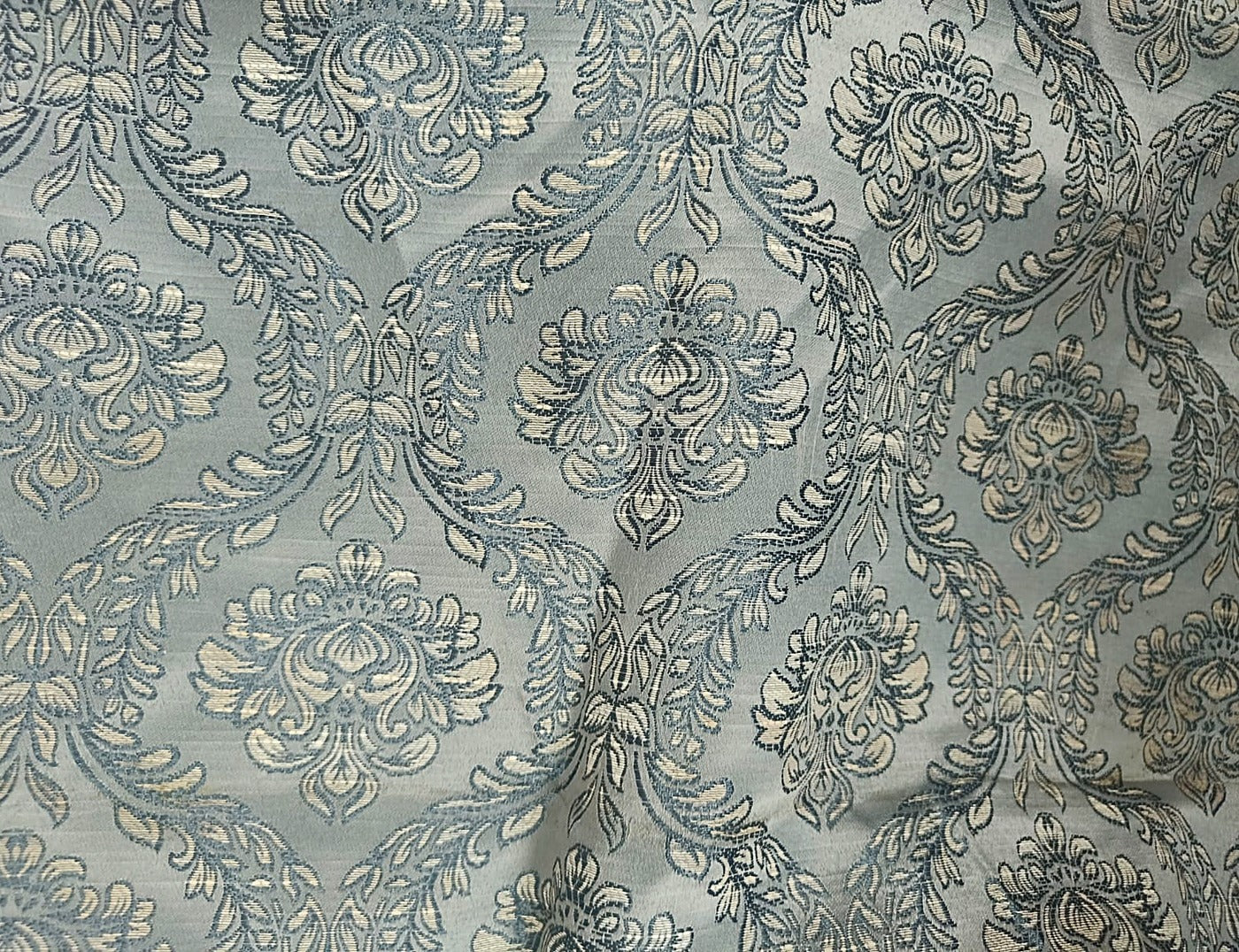 Powder Blue Ivory Damask Silk Fabric