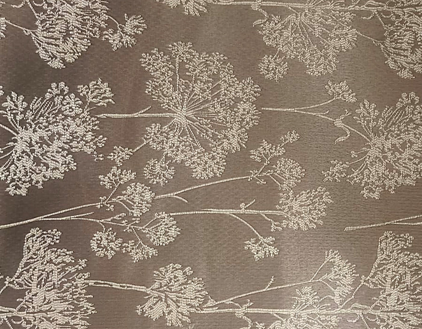 Taupe Satin Fabric with Ivory Dandelion Spray Jacquard
